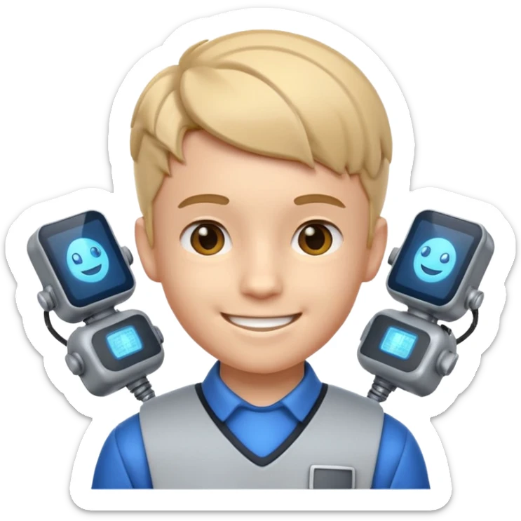 A 3D emoji with a Pixar style that the depicts a person who is learning to become a mechatronic as his highchool extended profile. He is a young boy in a highschool age. sticker