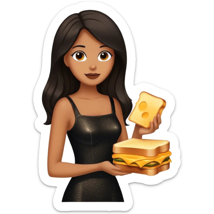 Beautiful woman in 1950’s woman fashion look, black shimmery dress, long dark brown hair, grilled cheese sandwiche sticker