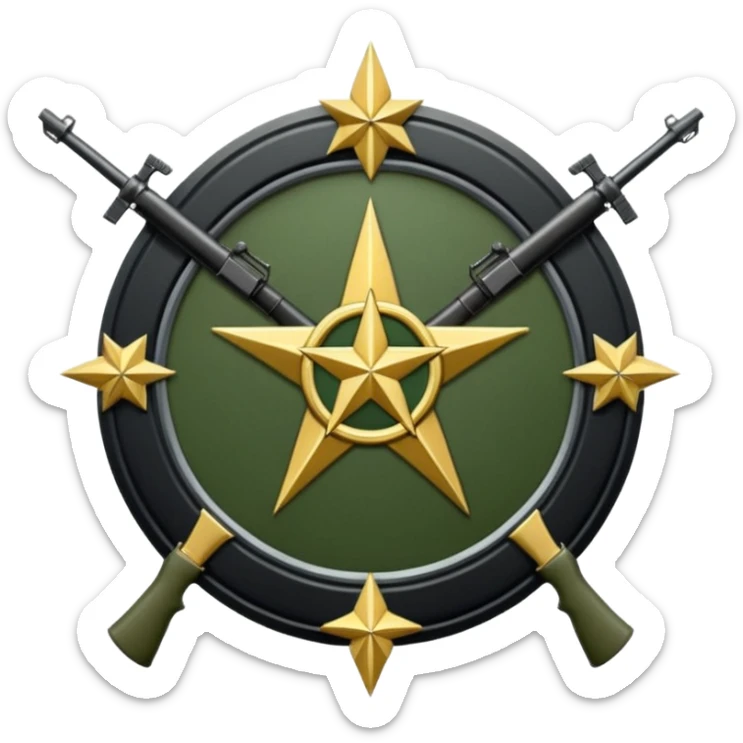 Insignia militar realista para videojuegos de guerra (estilo Delta Force), forma de escudo metálico con bordes desgastados. Incluye:

Símbolo: [fusiles cruzados / águila / estrellas / espada] Insignia redonda con fusil cruzado y una estrella, metal rayado, verde oliva y negro. sticker