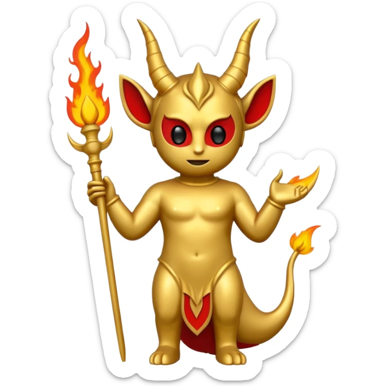 Minimalist emoji-style sticker of a full-body Oscar-like statue in gold color, with subtle devilish elements: small horns on the head, a pointed tail, and fire around the base. Flat design, thick lines, black, gold, and red color palette, silhouette style, centered on white square background. sticker