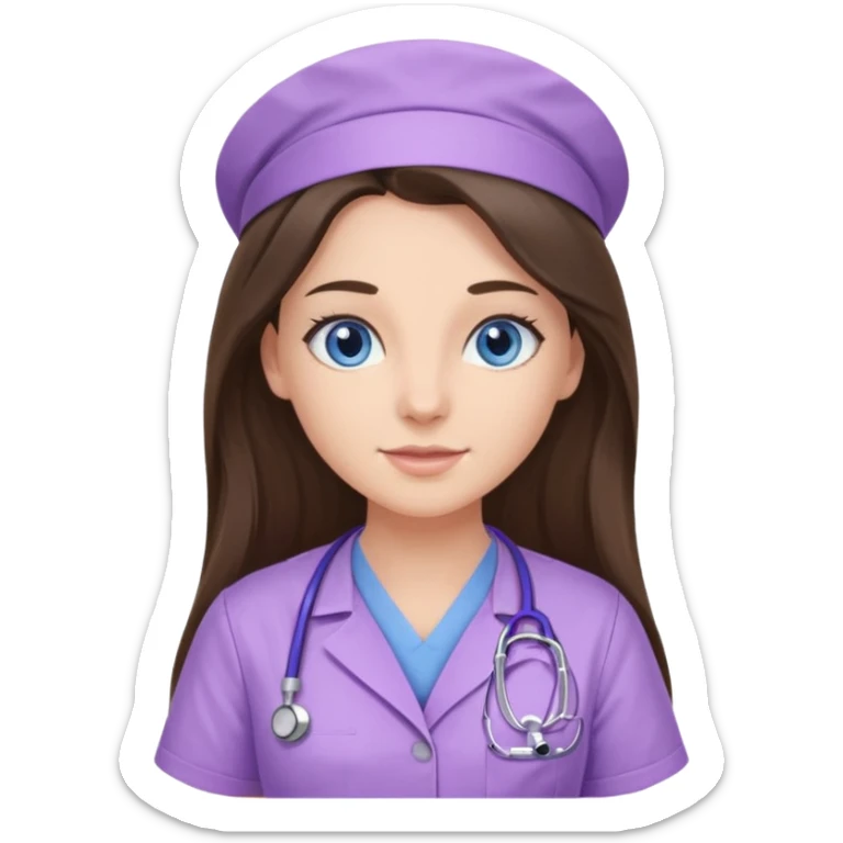 pretty brunette nurse with long hair and blue eyes in lilac scrubs sticker