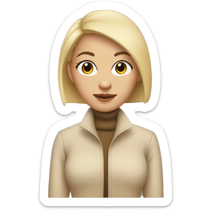 a bald girl wearing a white turtleneck sweater and a beige jacket out the sweater. She is bald sticker