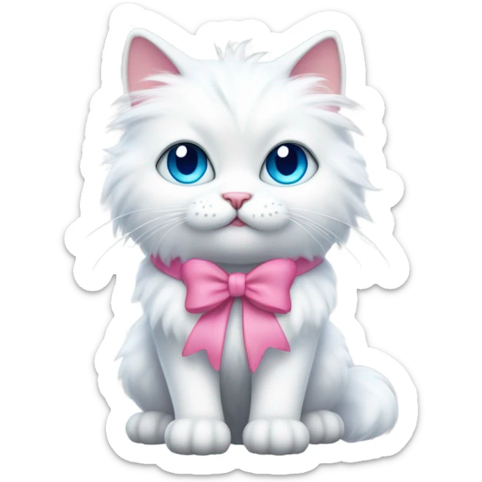 White fluffy cat with blue cute eyes with pink bow on top of the head on the right side (don’t make it just face, make the whole cat with fluffy tail) sticker