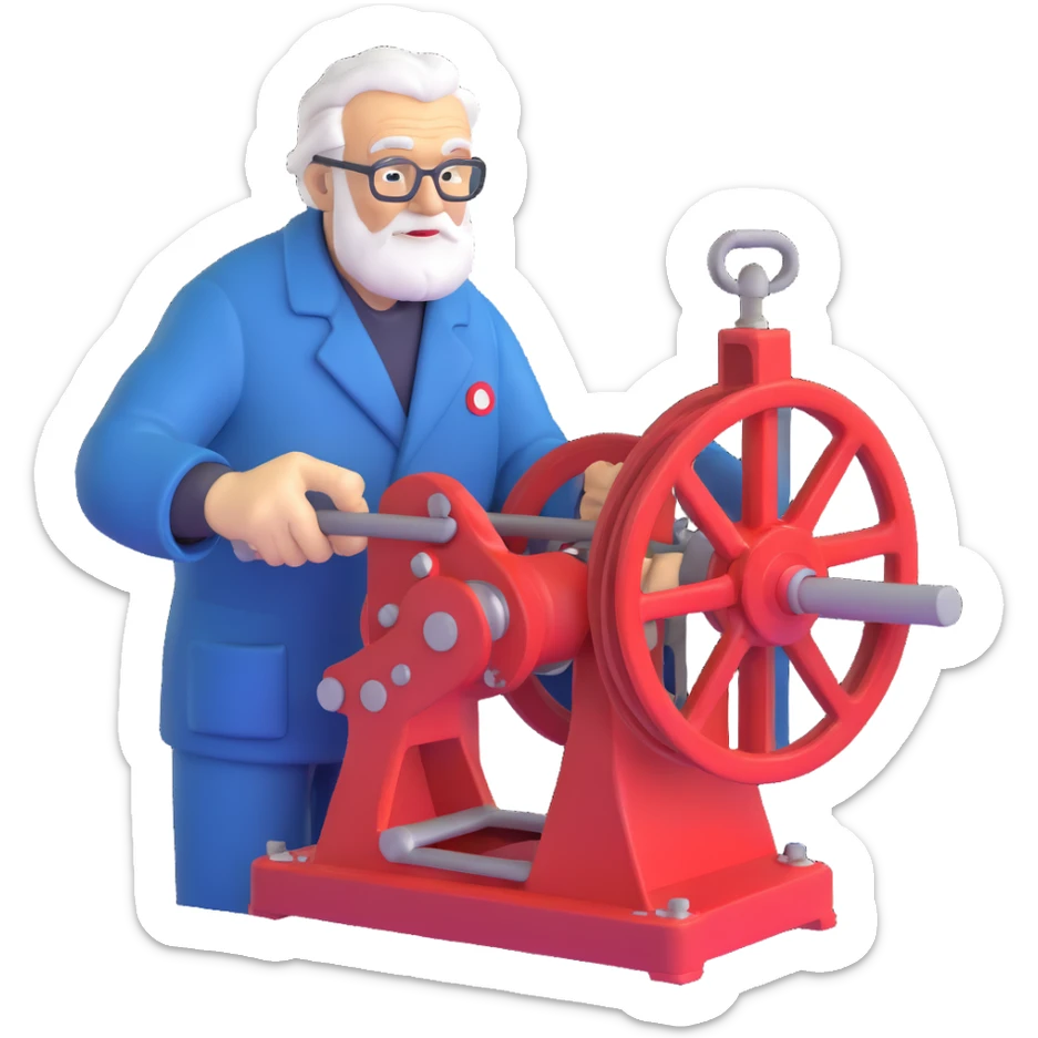 Elderly Russian scientist operating winch equipment on vintage marine geology research ship sticker