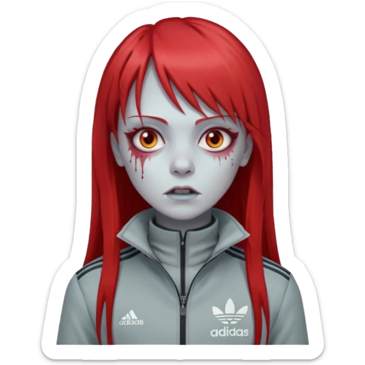 Crie um emoji de uma menina zumbi  com o cabelo vermelho longo com uma franja reta casaco de gola alta da adidas sticker