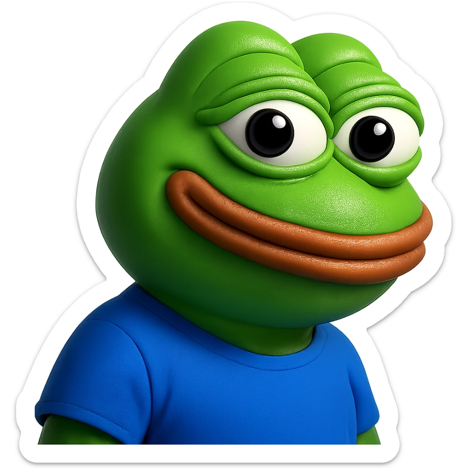 pepe in
- 3d style
- bright green
- blue shirt
- smiling
- looking straight at the camera
- good highlights and shadows
- 30deg angled towards the right sticker