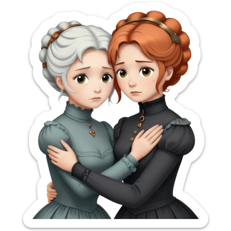 Two Victorian women in a sad intimate hug, one with white coiffed hair and one with copper coiffed hair, both with grey eyes, wearing Victorian turtleneck dresses sticker