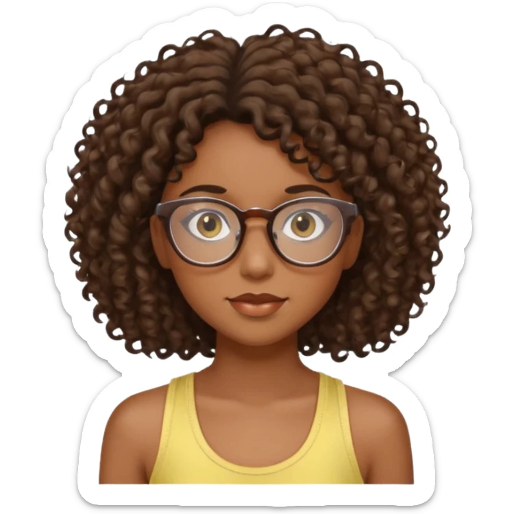 girl with dark skin and brown curly hair and clear glasses, long eyelashes, wearing a light yellow tank top sticker
