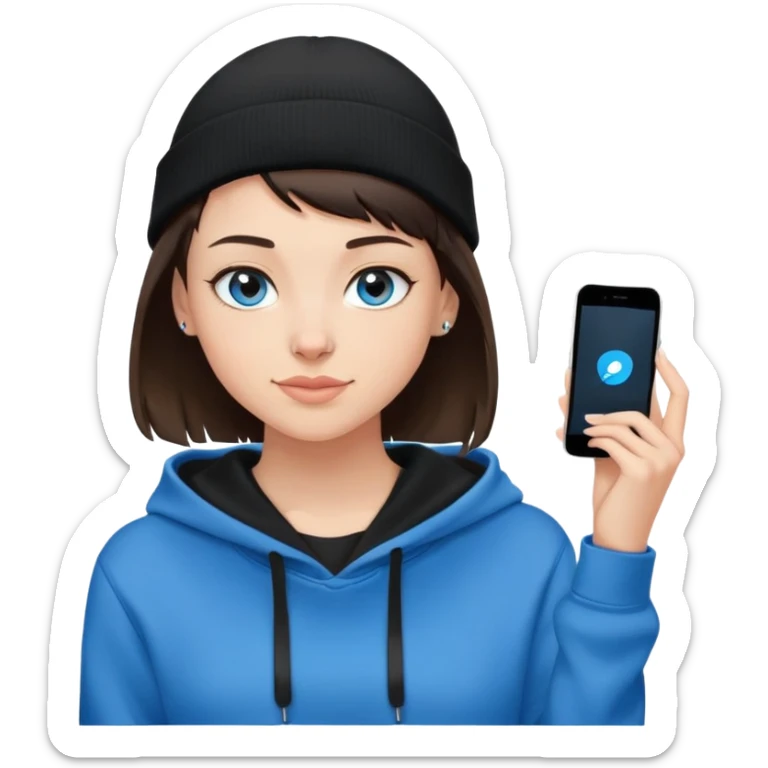 brunette girl with very short buzzed hair on the sides above her ears. the top of her hair is short brunette. she is wearing a black beanie that a side bang can be seen under. this girl needs blue eyes and a black hoodie. i want her to be smirking sticker