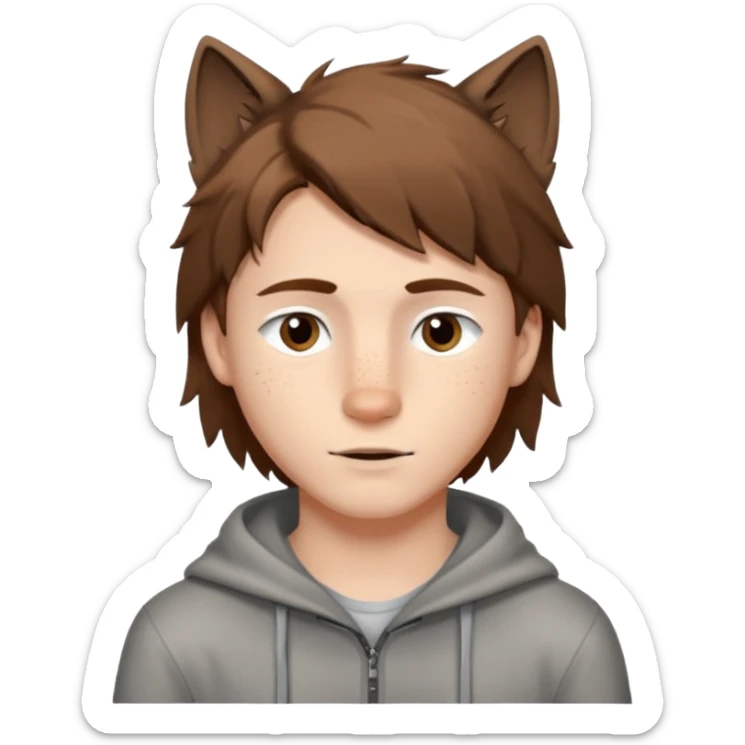 A young white boy with brown hair and eyes, with slightly long, straight and disheveled hair with wolf cut, Make it look aesthetic,  sticker