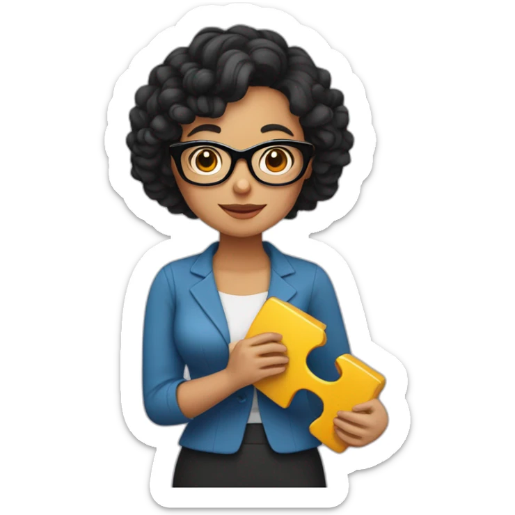 plump woman teacher in glasses with curly black hair holding large puzzles in her hands sticker