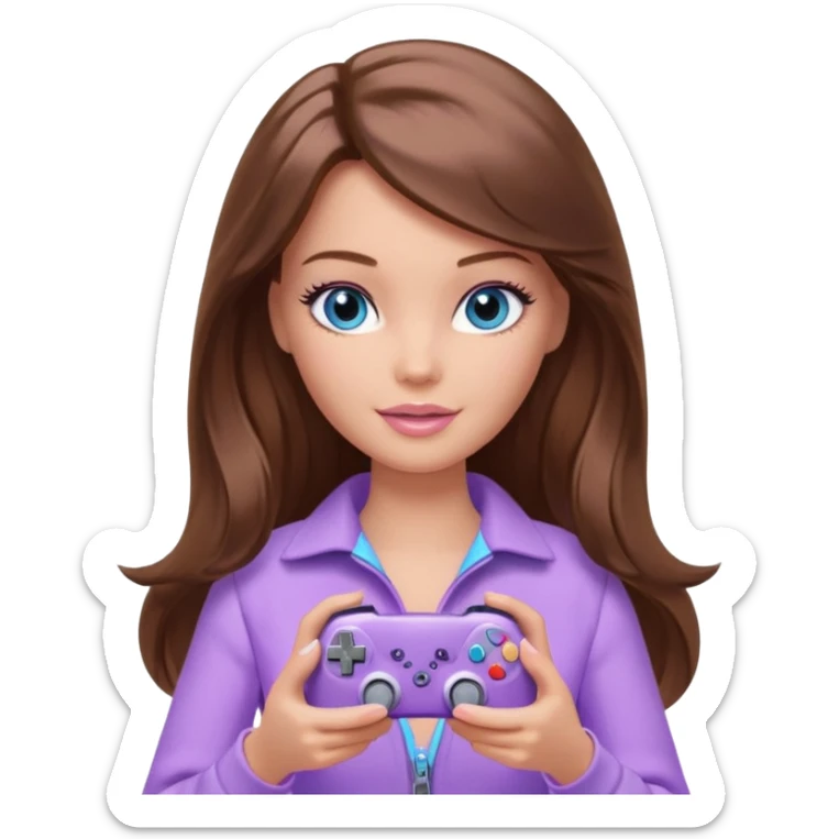 beautiful barbie girl with long brown hair, blue eyes and wearing light purple clothes playing console games with controller sticker