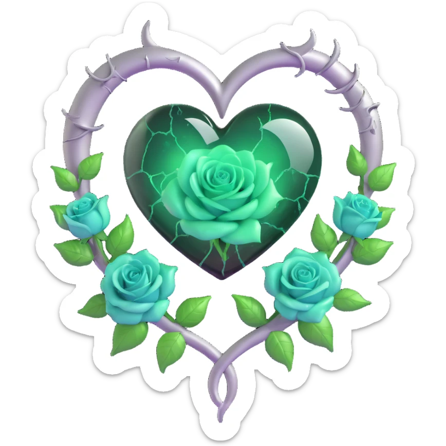 gothic heart made of smoky onyx glass, silver crescent moon, glowing emerald roses, holographic stardust, neon green lightning, wet and cracked glass sticker