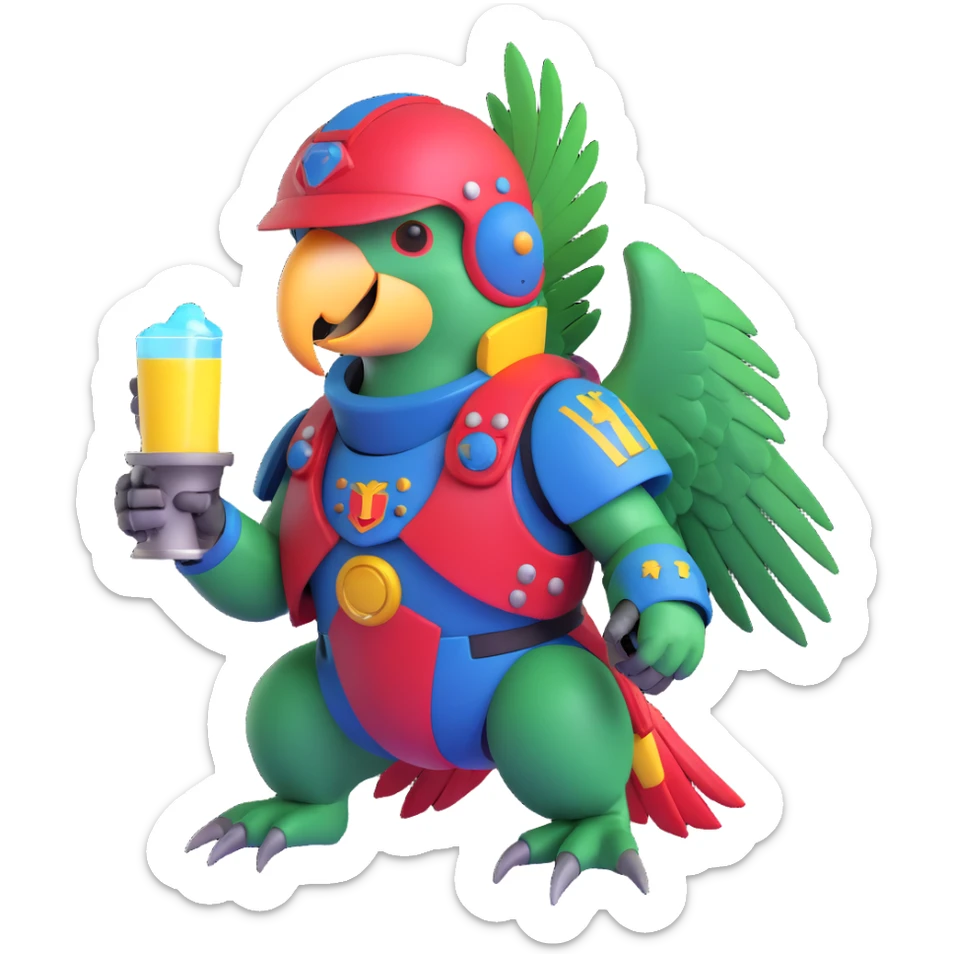 party parrot in space marine gear, helmet with a visor, glowing details, celebrating in space sticker