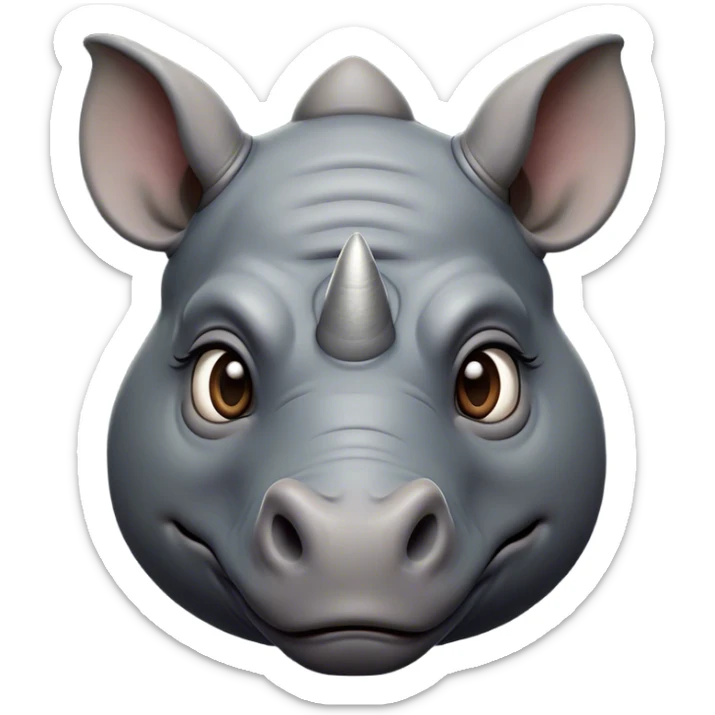 Cinematic Noble Rhinoceros Portrait Emoji, Poised and regal, with a massive, powerful build and a thick, armored hide of slate gray, deep-set soulful piercing eyes, Simplified yet sharp and sophisticated features, highly detailed, glowing with a soft, dignified glow, high shine, intelligent and formidable, stylized with an air of ancient might, focused and attentive, soft glowing outline, capturing the essence of a watchful and commanding behemoth, so majestic it feels as though it could charge out of the screen with effortless authority! sticker