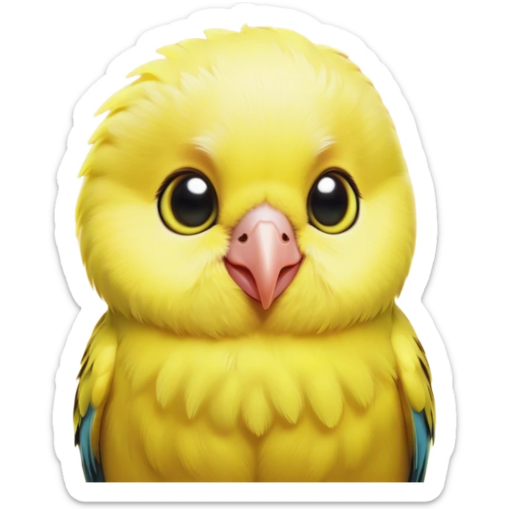 Cinematic Cute Yellow Budgie Portrait Emoji, Head tilted playfully and inquisitively, featuring a radiant yellow feathered fur with a natural sheen, round, sparkling dark eyes filled with curiosity, Simplified yet irresistibly adorable features, highly detailed, glowing with a warm, friendly glow, high shine, affectionate and lively, stylized with a touch of whimsy, bright and endearing, soft glowing outline, capturing the essence of a mischievous yet loving budgie, so playful it feels like it could chirp out of the screen and into your arms! sticker