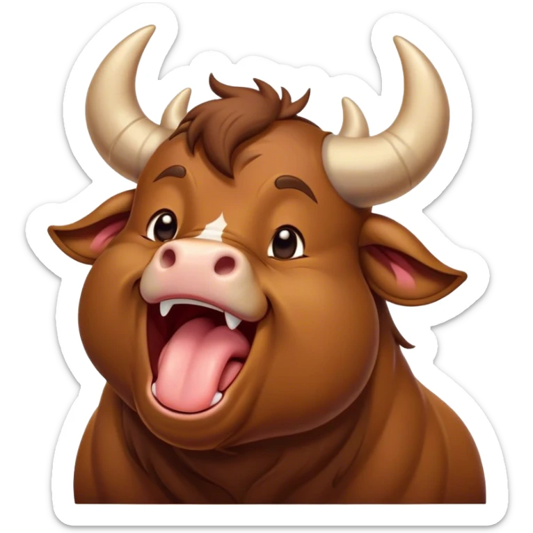 Cinematic Cute Yawning Brown Bull Portrait Emoji, Head tilted slightly with a dramatic, wide-open yawn, showcasing a smooth, rich brown hide with a subtle texture, floppy ears slightly drooping, round dark eyes barely open in drowsy contentment, Simplified yet irresistibly adorable features, highly detailed, glowing with a soft, cozy glow, high shine, relaxed yet expressive, stylized with a touch of rugged whimsy, bright and endearing, soft glowing outline, capturing the essence of a sleepy yet affectionate guardian, so drowsy it feels like it could charge right out of the screen and curl up for a nap! sticker