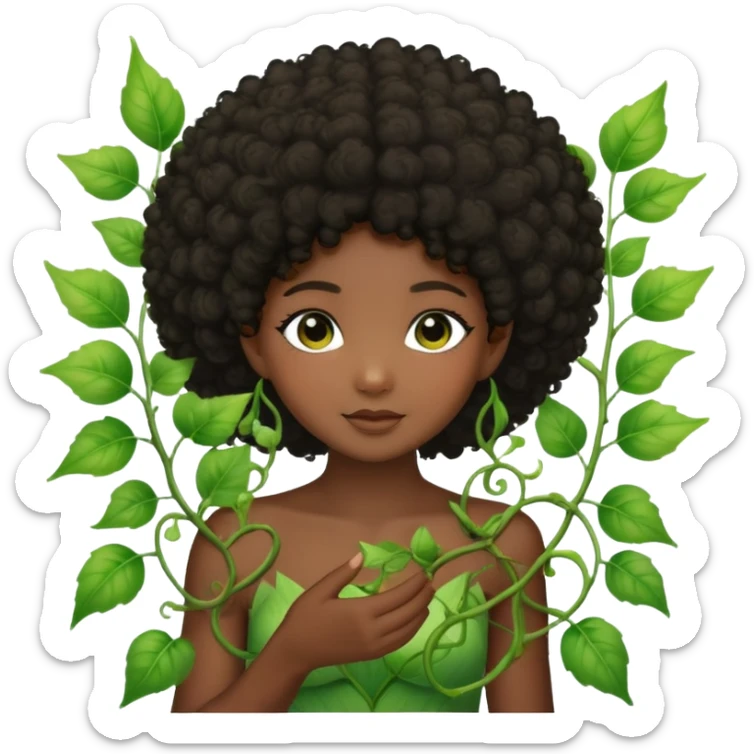 Dreamy nature fairy with brown eyes Afro black hair dark skin touching a vine  sticker