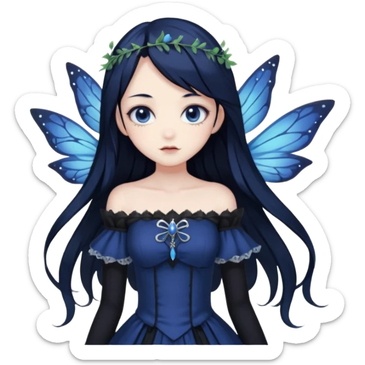 Gothic anime fairy with long beautiful black hair and dark blue dress, pastelcore, sticker
