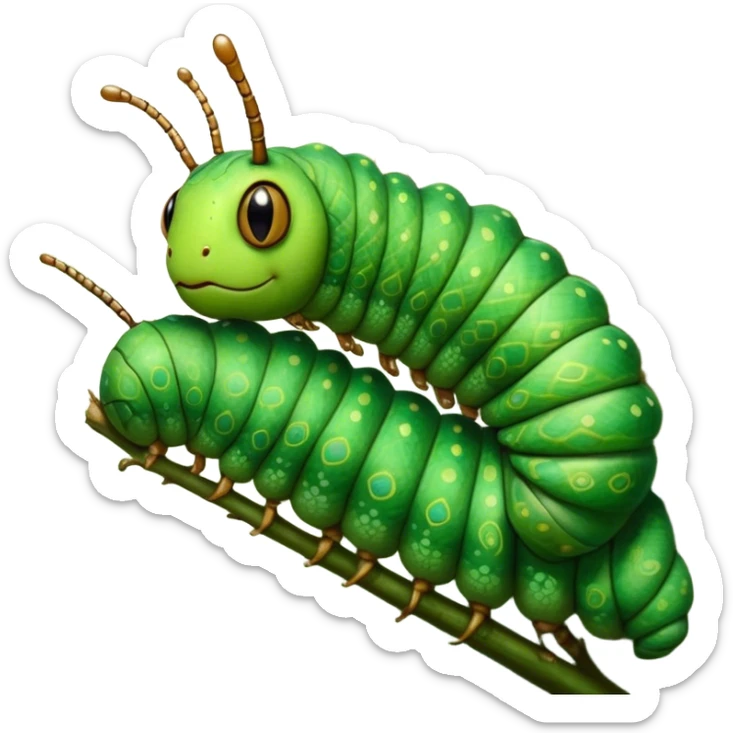 Cinematic Realistic Noble Caterpillar Portrait Emoji, Poised and serene, with a slender, segmented body covered in vivid, detailed green scales accented by subtle natural patterns, and a tiny, focused face with delicate, inquisitive eyes, rendered with lifelike texture and soft natural lighting, high shine, intelligent and delicate, styled with an air of woodland elegance, focused and attentive, soft glowing outline, capturing the essence of a watchful and confident looper caterpillar that appears ready to inch gracefully out of the screen with natural authority! sticker