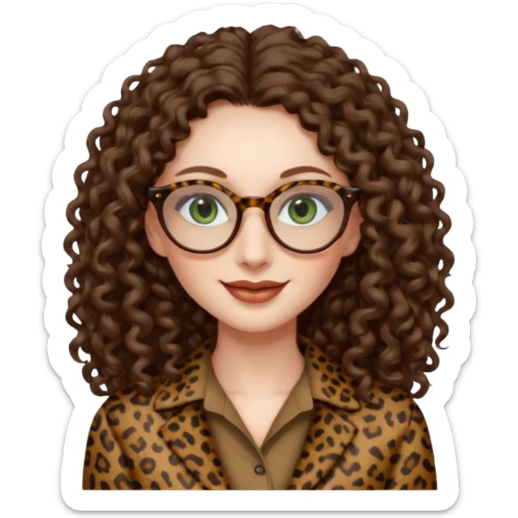 a green eyed woman with very very long brunette curly hair, full lips,and pale skin. She is wearing a leopard printed thin round-ish glasses . She is wearing fully brown clothes. She is gretting smiling sticker