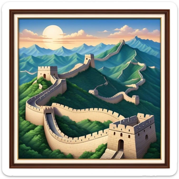 Cinematic Realistic Great Wall of China Landmark Emoji, depicted as ancient fortifications winding across majestic mountains, rendered with intricate detail and dramatic lighting. sticker
