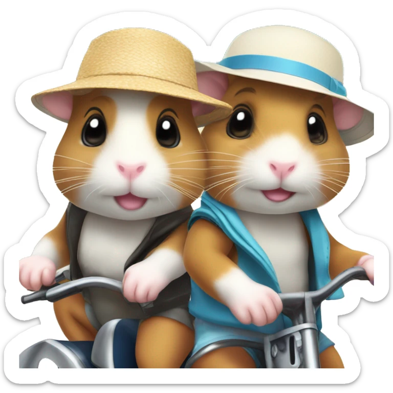 Two hamsters wearing swim shorts and sun hats driving by motorbike on the beach sticker