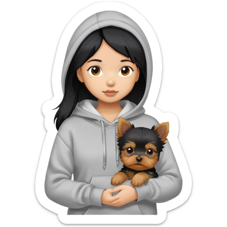a black-haired asian girl in a gey hoodie with a yorkie puppy sticker