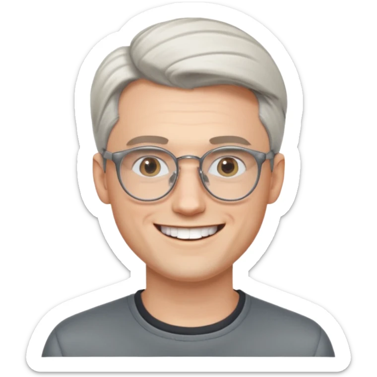 30 yr old pale white man, white/grey side swept stylish hair, round glasses, big smile, white teeth, handsome, longer hair, thin glasses,  smooth forehead, open collar, trendy sticker
