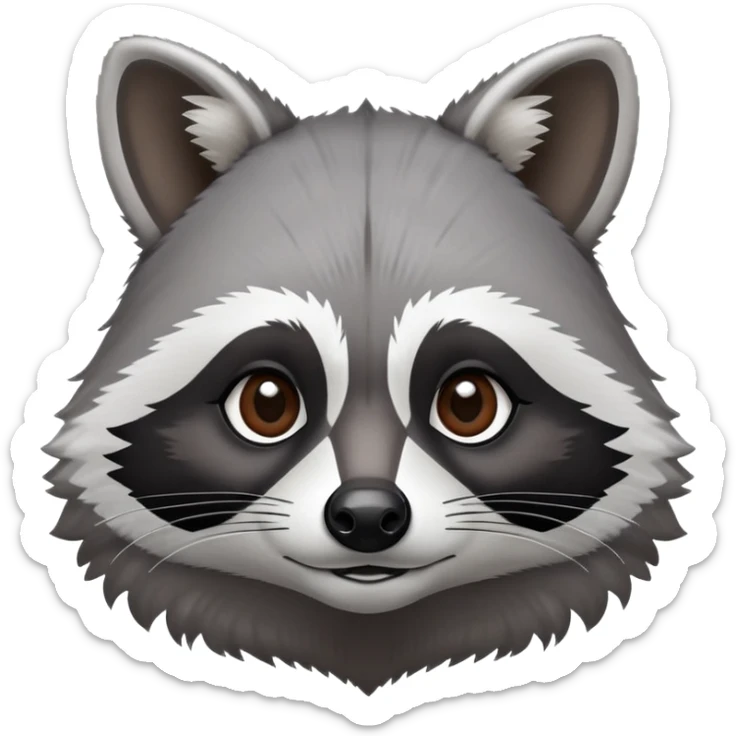 Cinematic-Noble-Raccoon-Portrait-Emoji – Poised and confident, with a sturdy build and a beautifully textured fur of silver-grey accented by dark black facial markings, deep-set, intelligent brown eyes, simplified yet sharp and sophisticated. sticker