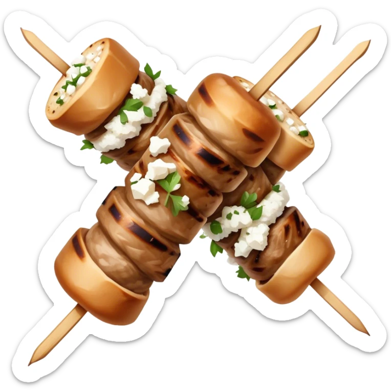 Souvlaki Cinematic Realistic Souvlaki Dish Emoji, depicted as skewered, grilled meat served with a side of crumbled feta cheese, rendered with rich textures and dynamic, appetizing lighting. sticker