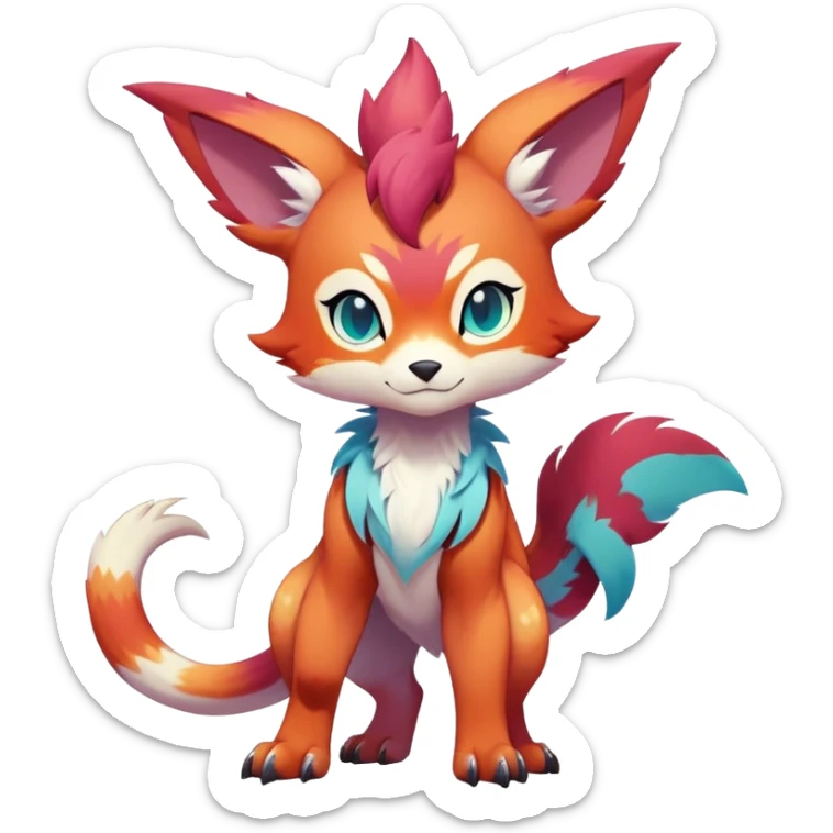 Male bright-colored multi-colored cute cool exotic anime-styled Falvie-Fionbri-fantasy-creature-fursona-Fakémon-Pokémon, full body, with markings sticker