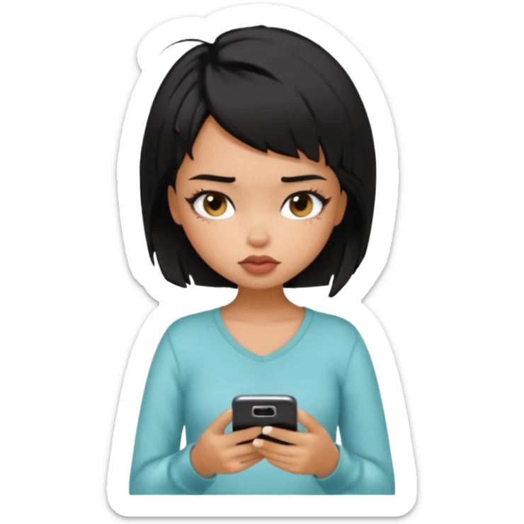 generate a pretty bratz girl with short black messuy hair, looking tired and using her phone sticker