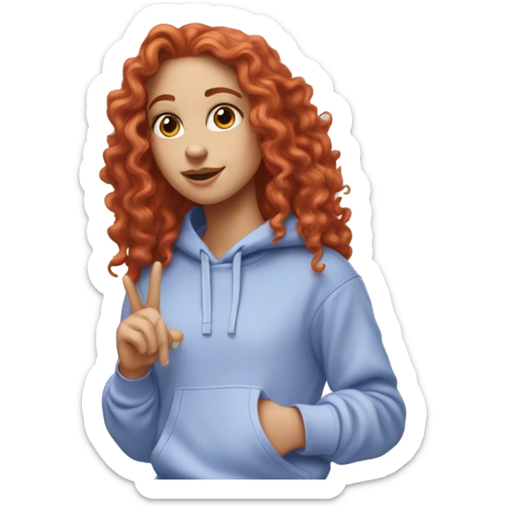 a white girl with long red curly hair, wearing a pastel periwinkle hoodie doing a pose sticker