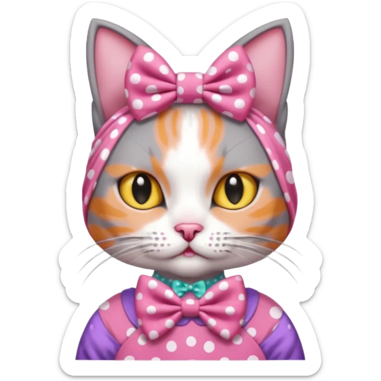 Evil Gray and white evil cat with a pink polka dot dress and with a pink polka dot bow on the Head cute sticker