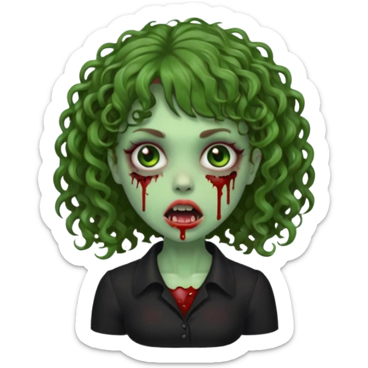 Green zombie emoji girl with curly Brown hair, with curly bangs, wearing a black bluse, blood Just in the tongue  sticker