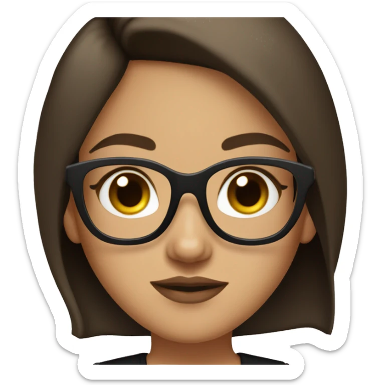 brunette girl with black glasses, light brown eyes and plump lips in a black T-shirt sticker