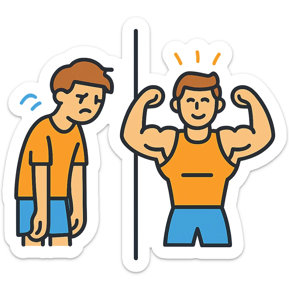 in the picture is devided in to two parts, at the first the sportsman is weak and lazy, but at the second picture the same sportsman is very strong because he doing a workout regularly sticker
