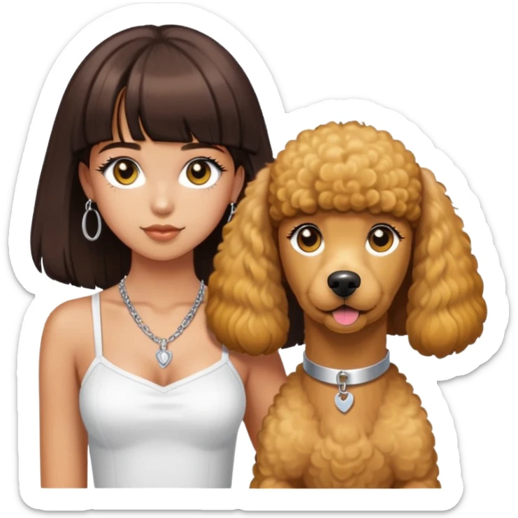 Girl with long dark brown hair with bangs and brown eyes with lash extensions wearing a white tube top and a silver necklace. with a big yellow standard poodle￼ sticker