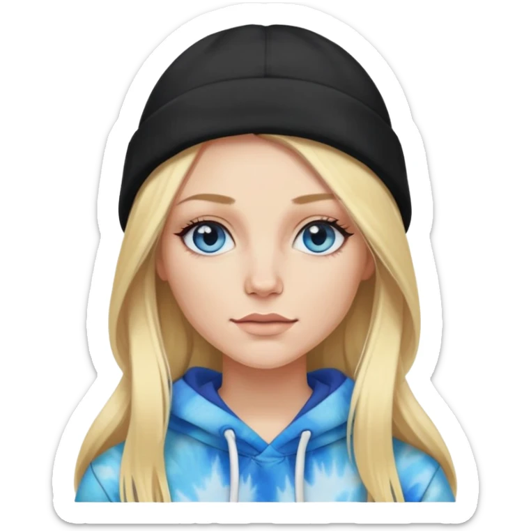 White woman with long blonde straight hair and blue eyes with long eyelashes and tiedye hoodie. i would like for her to be wearing a black beanie with dueces on it sticker