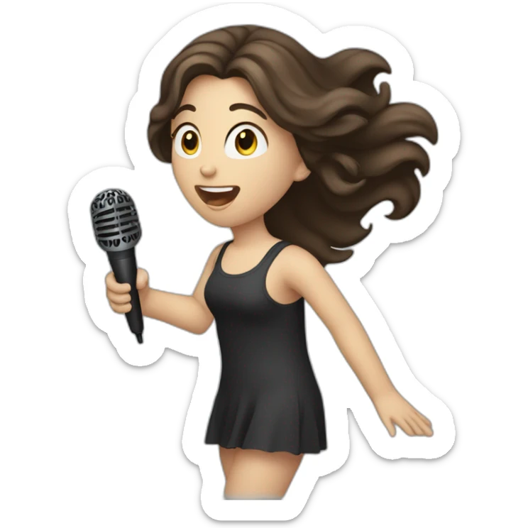 Caucasian girl with dark long Brown hair performing with a michophone singing sticker