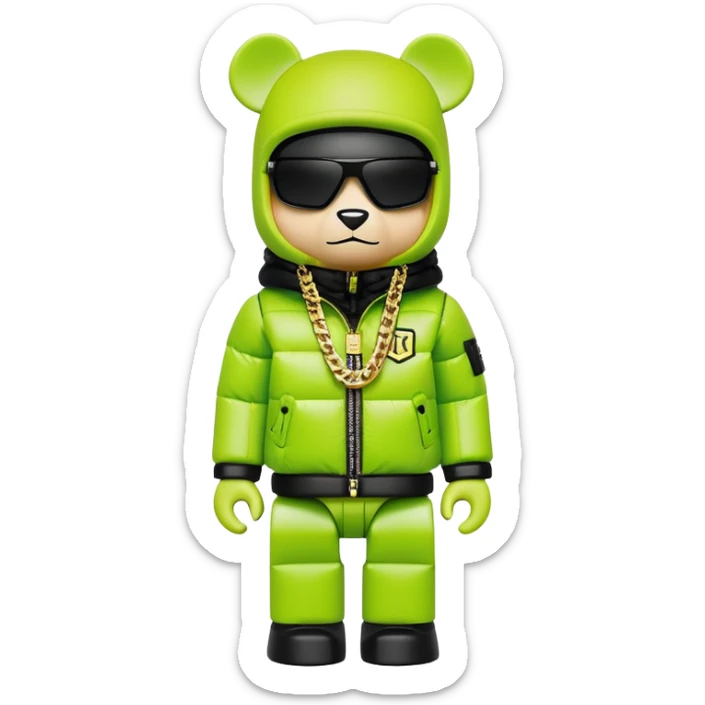 ultra-detailed bearbrick figure with perfect cube head and geometric body, wearing premium lime green balaclava with sleek integrated black visor lens at eyes, luxury oversized designer puffer jacket with prominent logo and lavish fur trim collar, heavy gold chains, streetwear icon sticker