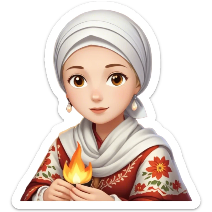 A woman dressed in a beautiful floral traditional outfit with a delicate white headscarf sits by a fire at night. The warm glow of the flames highlights her radiant features, giving the scene a soft, serene, and intimate feel. sticker