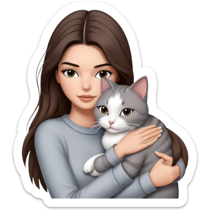 Kendall Jenner long hair with fashion outfit hug one grey white cat sticker