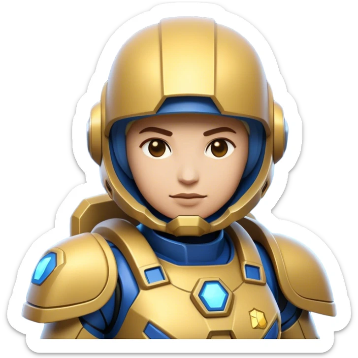 Clash of Clans aesthetic: Cinematic heroic Terran Marine Hero close up Emoji, rendered in a 3D vector-style similar to standard emojis with minimal shading and bold, simplified shapes. A compact, heroic isometric figure clad in futuristic power armor with signature energy accents, softly glowing with a cosmic battle charm. Simplified yet unmistakably iconic, highly detailed and consistent, glowing with a soft radiant shine and high gloss. Stylized with a touch of interstellar valor and a soft glowing outline, capturing the essence of an elite space warrior with a friendly, playful manner! sticker