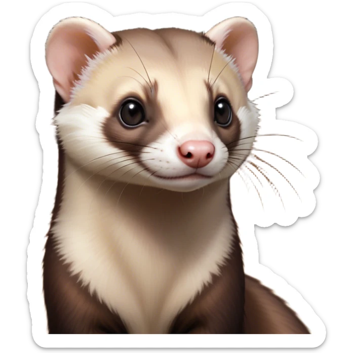 Cinematic Noble sable ferret Portrait Emoji, Poised and dignified, with a sleek, elongated body and a distinct sable ferret head featuring a pointed snout, small, rounded ears, and intelligent, beady eyes, covered in soft, sleek fur with natural brown and cream hues, Simplified yet sharp and sophisticated features, highly detailed, glowing with a warm, natural glow, high shine, exuding an air of quiet confidence, focused and watchful, soft glowing outline, capturing the essence of a clever and majestic sable ferret that feels as though it could leap from the screen with effortless grace! sticker