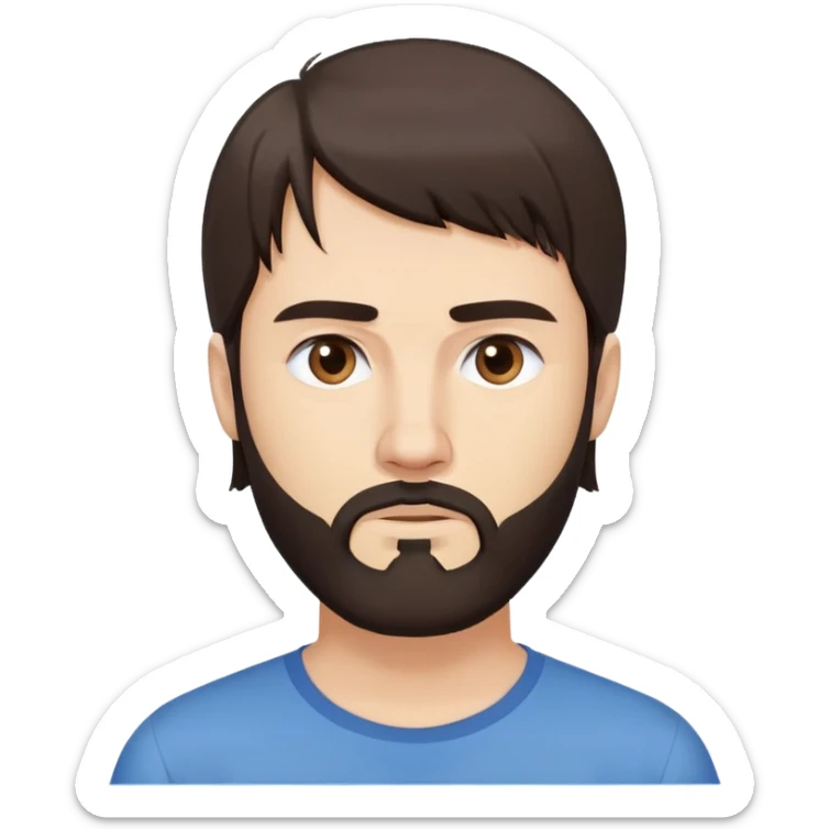 Caucasian man with long straight dark brown hair styled loose with fringe, medium-length hair, short full beard, neutral serious expression, simple blue shirt sticker