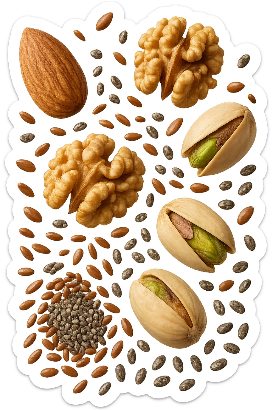 Mandorle, noci, pistacchi, semi di lino e di chia FLUTTUANO IN ARIA, IPERREALISTICO 4K sticker