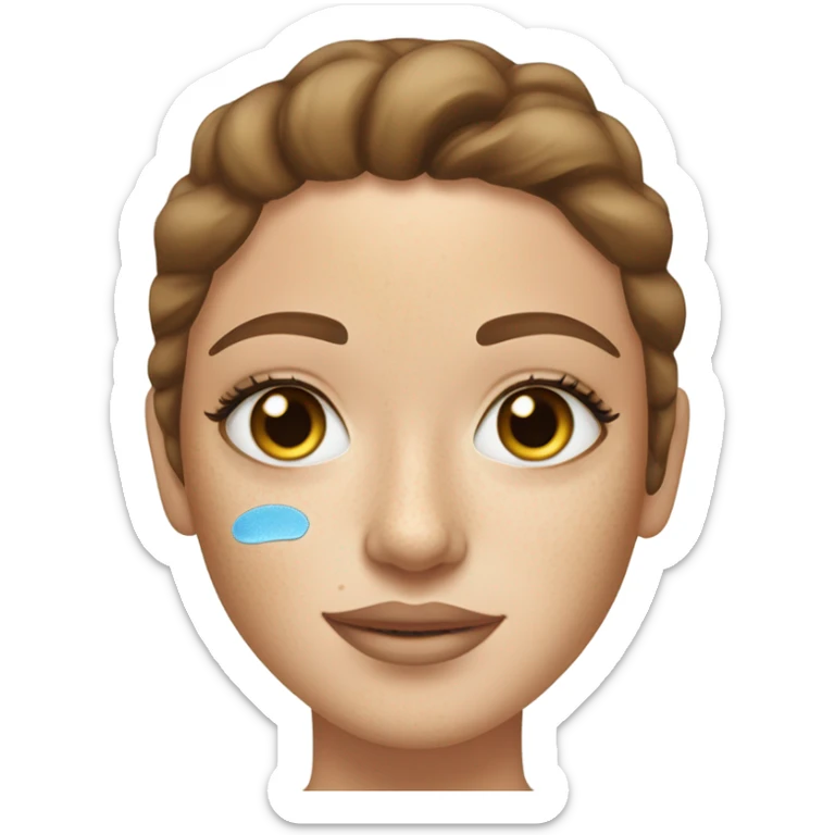white girl with freackles hair of a brunett blue eyed girl using Gold gel skin care patches under her eyes sticker