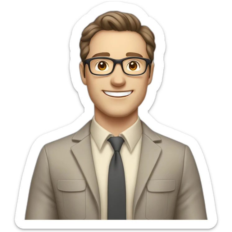 Joyful Pale skinned Fit Man With dark brown hair in gray jacket, beige office shirt, Brown pants and vintage glasses. His thrumbs up sticker
